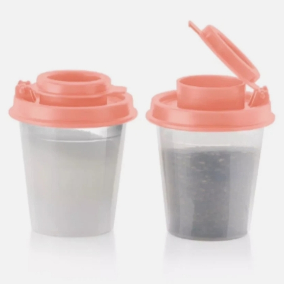 Tupperware Mini 2 oz. Midgets Salt & Pepper Shaker Travel Set Rose, Peach, Black - Picture 1 of 16
